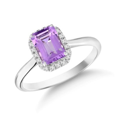 Inel din aur alb cu ametist emerald de 0.8ct si diamante de 0.1ct
