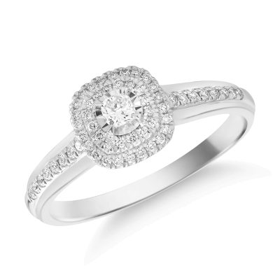 Inel din aur alb cu diamant cushion de 0.08ct si diamante de 0.1ct