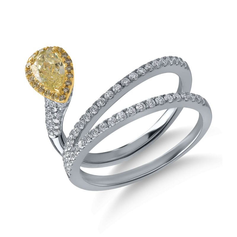 Inel din aur alb cu diamant fancy galben pear de 0.5ct si diamante galbene si incolore de 0.6ct