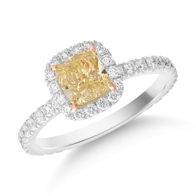 Inel din aur alb cu diamant fancy galben rectangular de 1ct si diamante de 0.6ct