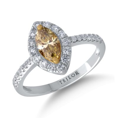 Inel din aur alb cu diamant fancy-multicolor marquise de 0.59ct si diamante de 0.3ct