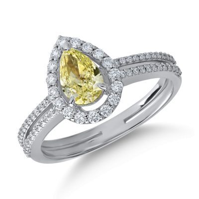 Inel din aur alb cu diamant fancy multicolor pear de 0.7ct si diamante transparente de 0.3ct