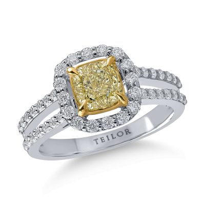 Inel din aur alb cu diamant galben cushion de 1ct si diamante transparente de 0.5ct