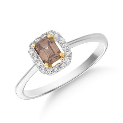 Inel din aur alb cu diamant maro rectangular de 0.48t si diamante transparente de 0.1ct