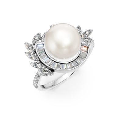 Inel din aur alb cu diamante baguette si rotunde de 0.4ct si perla de cultura