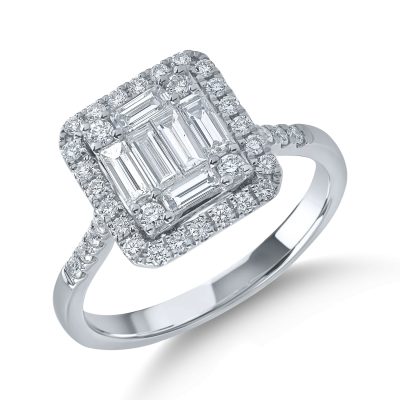 Inel din aur alb cu diamante baguette si rotunde de 0.8ct