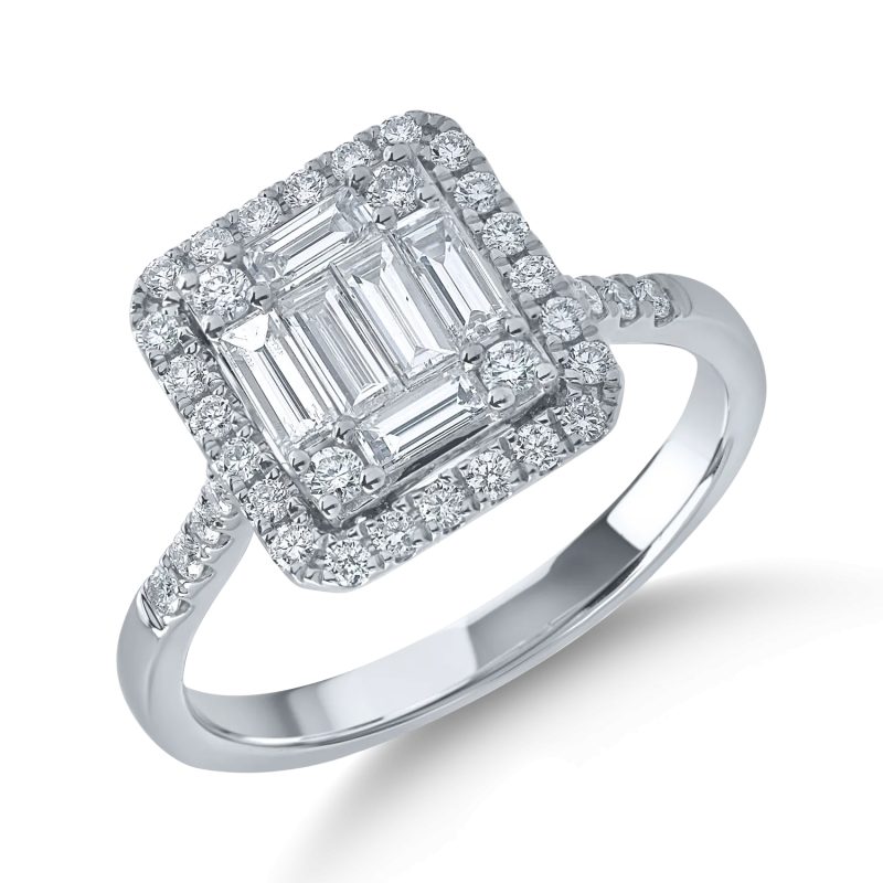 Inel din aur alb cu diamante baguette si rotunde de 0.8ct