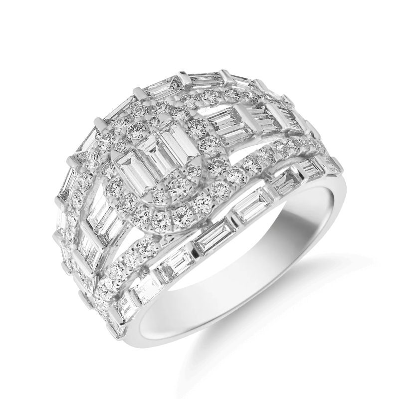 Inel din aur alb cu diamante baguette si rotunde de 1.8ct