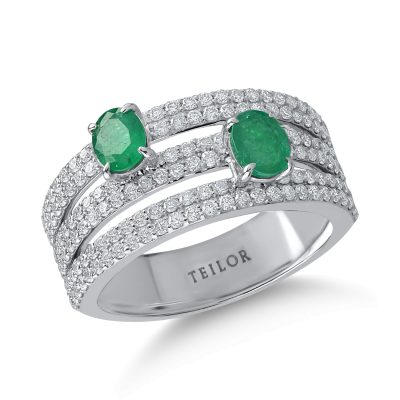 Inel din aur alb cu diamante de 0.9ct si smaralde ovale de 0.6ct