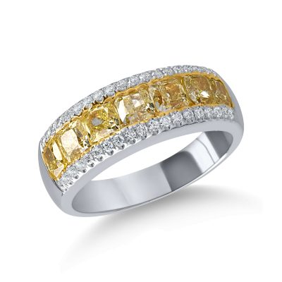 Inel din aur alb cu diamante galbene cushion si diamante incolore de 2.2ct