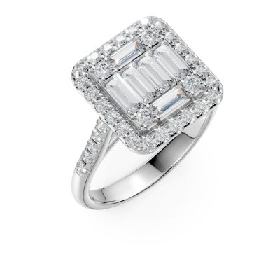 Inel din aur alb cu diamante microsetting baguette si rotunde de 1.3ct
