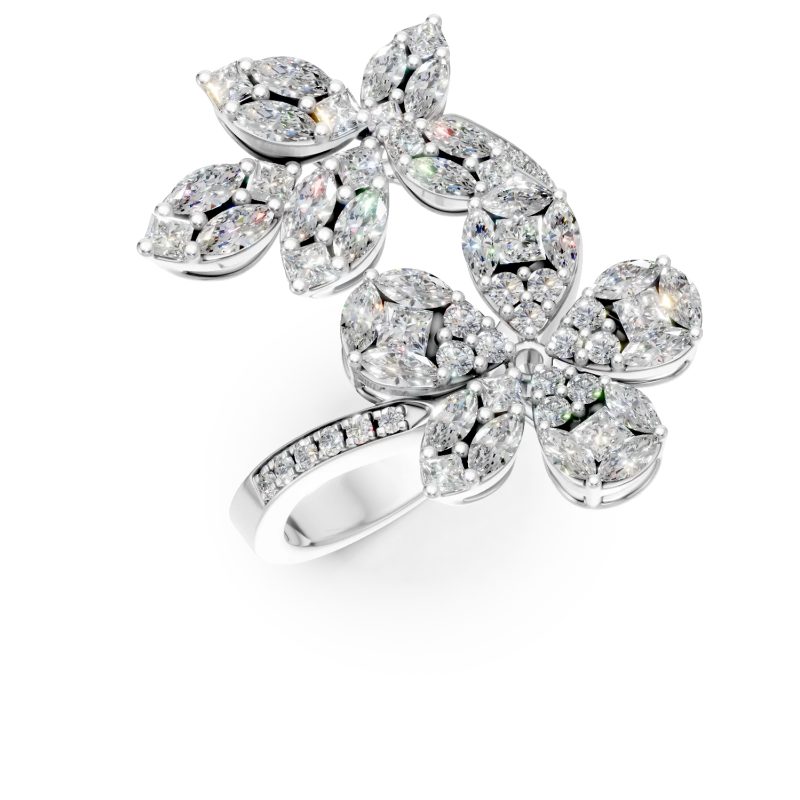 Inel din aur alb cu diamante princess, marquise si rotunde de 1.97ct
