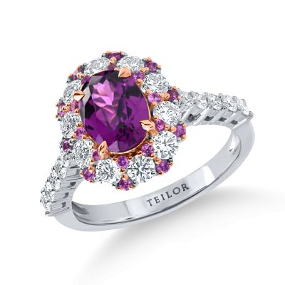 Inel din aur alb cu granat mov oval de 1.5 ct, diamante de 0.9ct si safire roz de 0.2ct