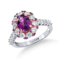 Inel din aur alb cu granat mov oval de 1.5 ct, diamante de 0.9ct si safire roz de 0.2ct