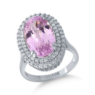 Inel din aur alb cu kunzit oval de 9.3ct si diamante de 0.7ct