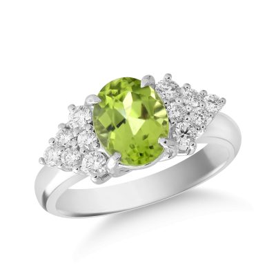 Inel din aur alb cu peridot oval de 2.1ct si diamante de 0.4ct