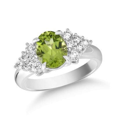 Inel din aur alb cu peridot oval de 2ct si diamante de 0.4ct