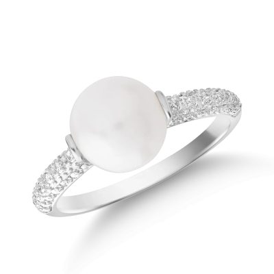 Inel din aur alb cu perla de cultura de 3.5ct si diamante de 0.152ct