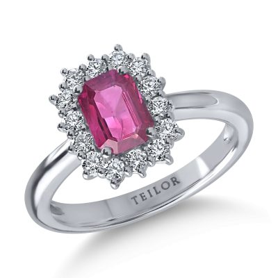 Inel din aur alb cu rubin octogonal de 1ct si diamante de 0.3ct
