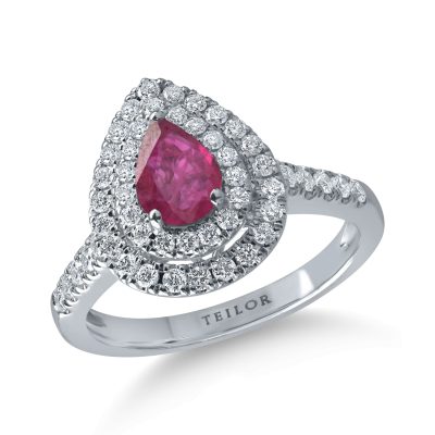 Inel din aur alb cu rubin pear de 0.68ct si diamante de0.55ct