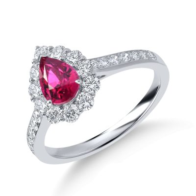 Inel din aur alb cu rubin pear si diamante de 1.8ct