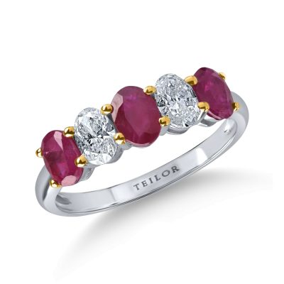 Inel din aur alb cu rubine ovale tratate de 1.05ct si diamante de 0.6ct