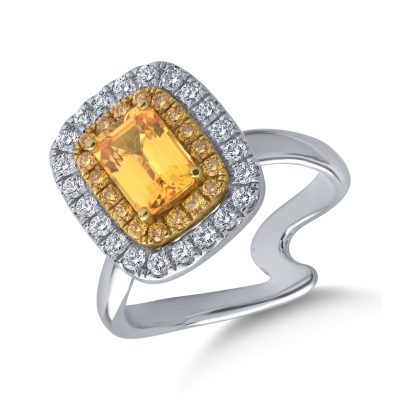 Inel din aur alb cu safir galben emerald de 1.4ct si diamante de 0.5ct