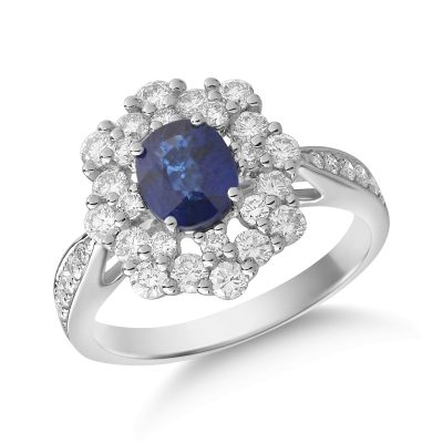 Inel din aur alb cu safir oval de 1.2ct si diamante de 1ct