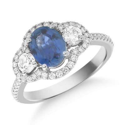 Inel din aur alb cu safir oval de 1.3ct si diamante de 0.6ct