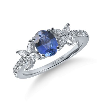 Inel din aur alb cu safir oval de 1.55ct si diamante de 0.5ct