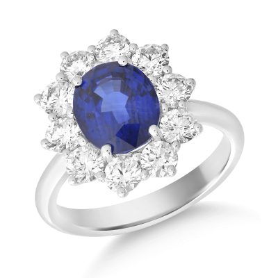 Inel din aur alb cu safir oval de 3.42ct si diamante de 1.62ct