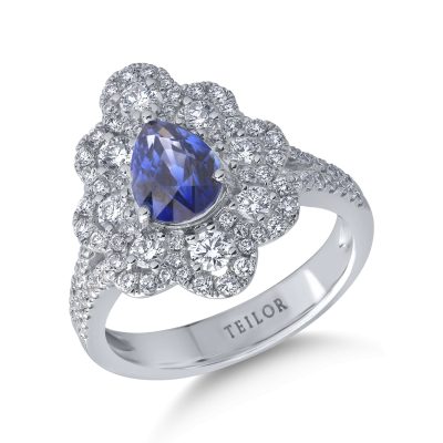 Inel din aur alb cu safir pear de 1.4ct si diamante de 0.9ct