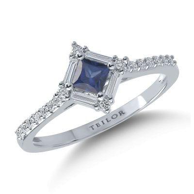 Inel din aur alb cu safir princess de 0.3ct si diamante de 0.18ct
