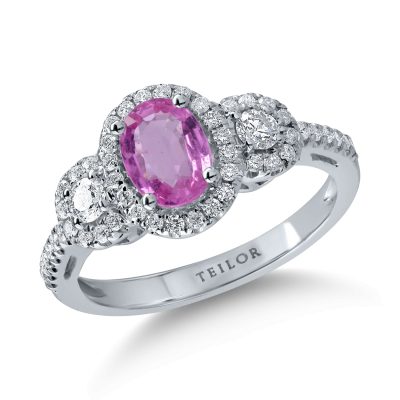 Inel din aur alb cu safir roz oval de 0.99ct si diamante de 0.5ct