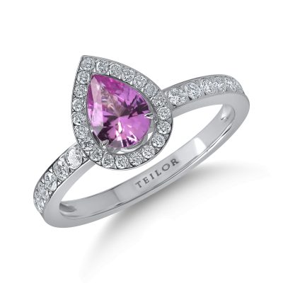Inel din aur alb cu safir roz pear de 0.7ct si diamante de 0.3ct