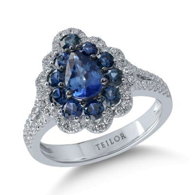 Inel din aur alb cu safire pear si rotunde de 1.58ct si diamante de 0.4ct