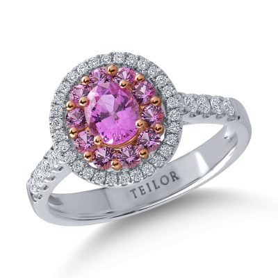 Inel din aur alb cu safire roz ovale si rotunde de 0.97ct si diamante de 0.3ct