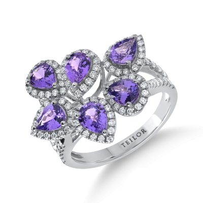 Inel din aur alb cu safire violet pear si diamante de 2.7ct