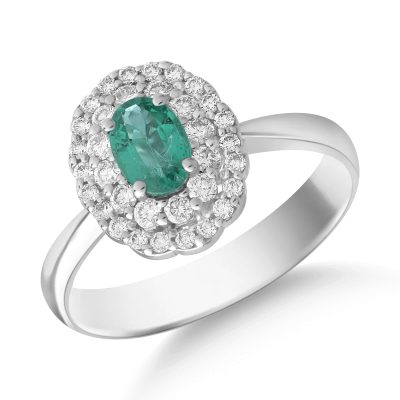 Inel din aur alb cu smarald oval de 0.4ct si diamante de 0.3ct