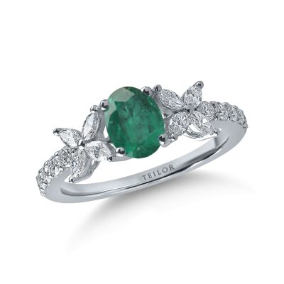 Inel din aur alb cu smarald oval de 0.89ct si diamante de 0.5ct