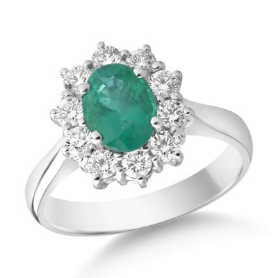 Inel din aur alb cu smarald oval de 1.09ct si diamante de 0.5ct