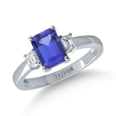 Inel din aur alb cu tanzanit emerald de 1.8ct si diamante de 0.3ct