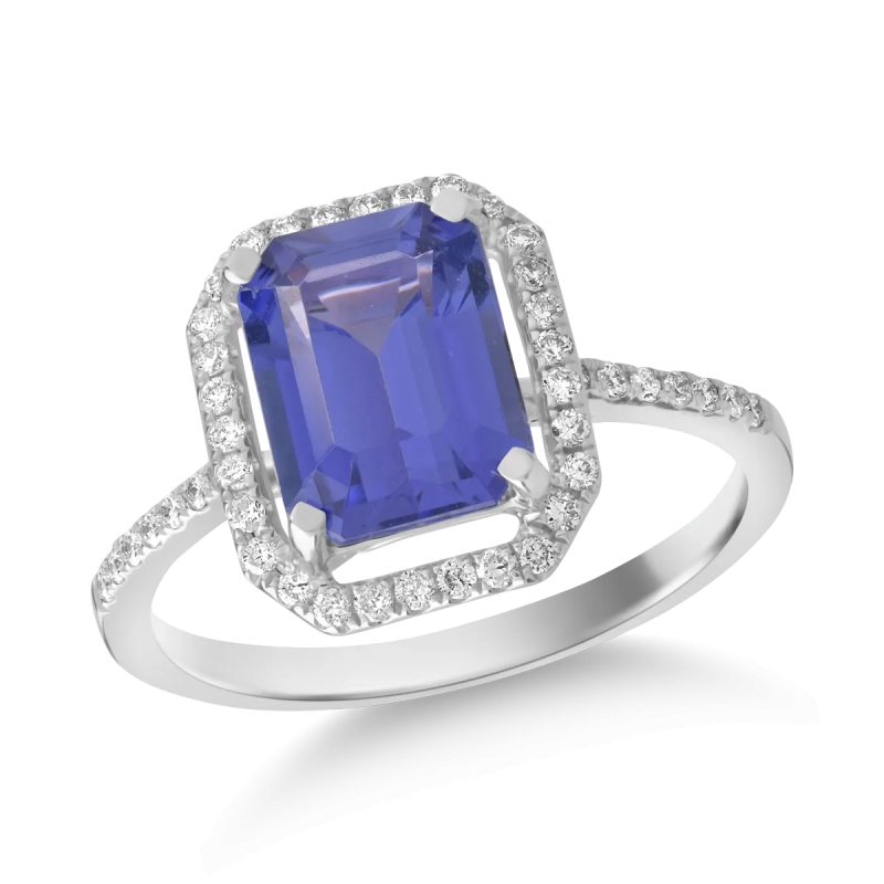 Inel din aur alb cu tanzanit octogonal de 2.06ct si diamante de 0.2ct