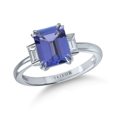 Inel din aur alb cu tanzanit octogonal de 2.1ct si diamante de 0.2ct