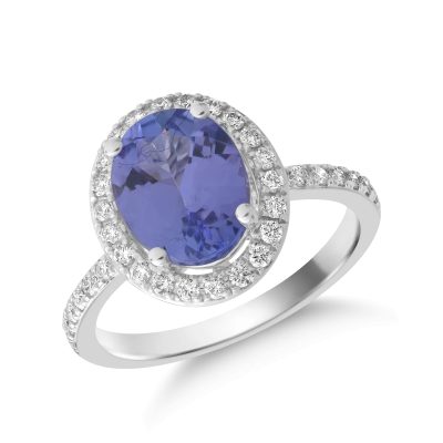 Inel din aur alb cu tanzanit oval de 2.1ct si diamante de 0.19ct