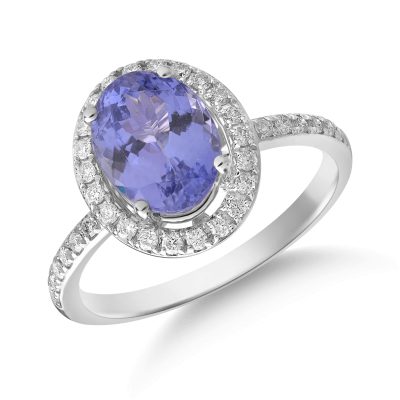 Inel din aur alb cu tanzanit oval de 2.1ct si diamante de 0.2ct