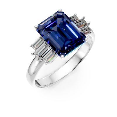 Inel din aur alb cu tanzanit rectangular de 5ct si diamante de 0.57ct