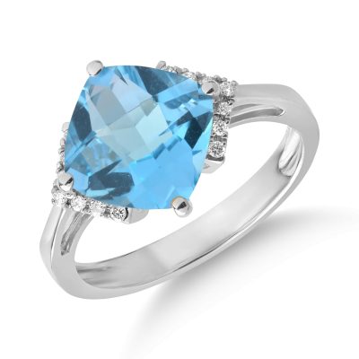 Inel din aur alb cu topaz albastru cushion de 3.6ct si diamante de 0.08ct