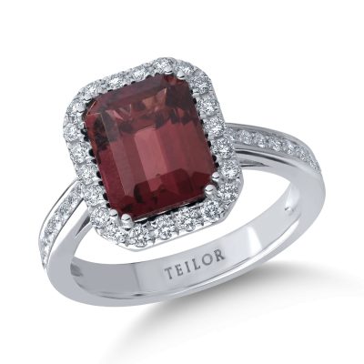 Inel din aur alb cu turmalina roz emerald de 3ct si diamante de 0.4ct