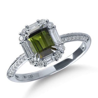 Inel din aur alb cu turmalina verde de 1.12ct si diamante de 0.49ct
